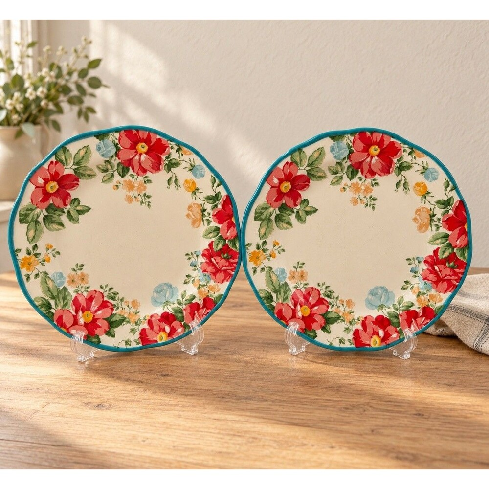 Pioneer Woman Vintage Floral Dinner Plates Set of 2 Teal Scalloped 10.5”